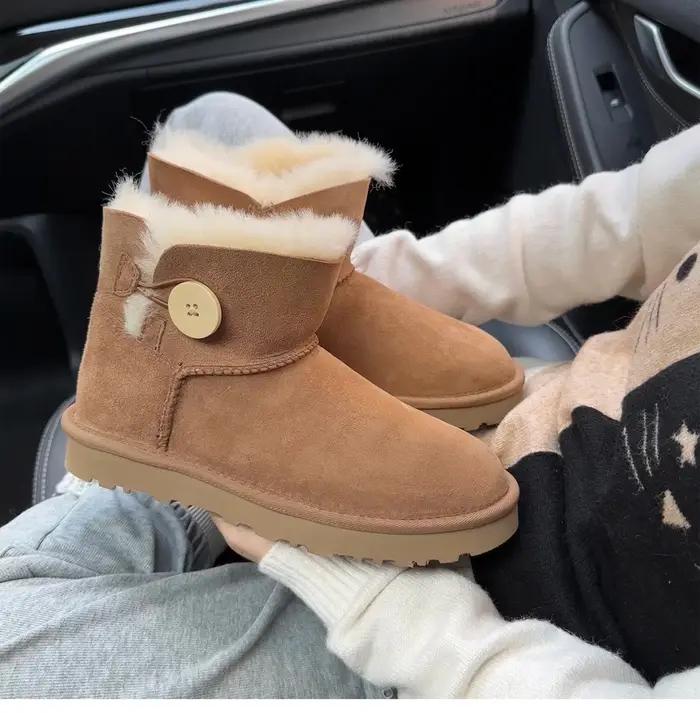 Bottes de neige châtaigne épaisses à coupe basse à un bouton, cuir véritable, laine véritable, fourr