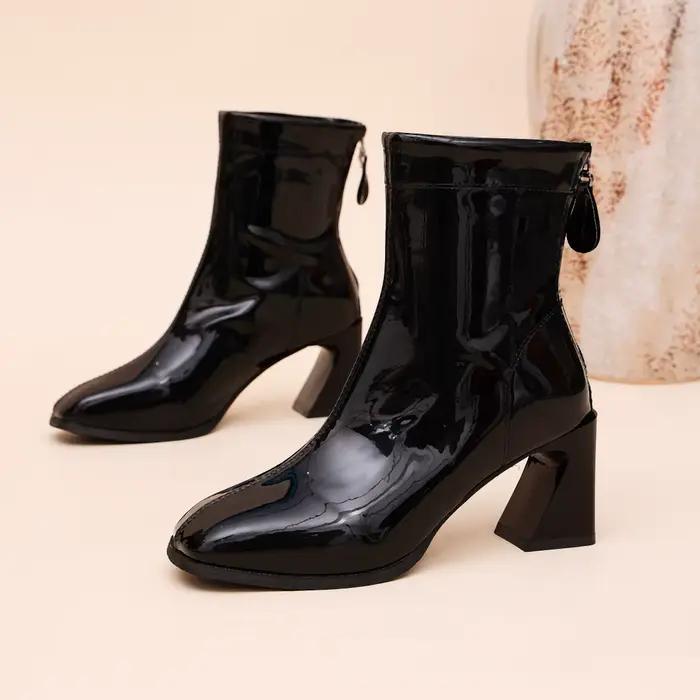 Bottines pour femmes à talon carré haut, en cuir PU verni, bout rond, rouges, avec fermeture éclair