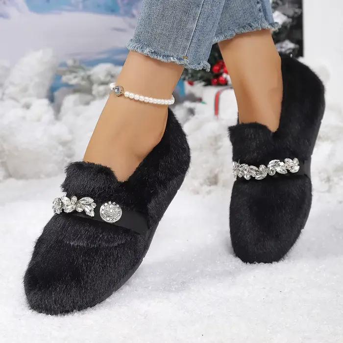 Bottes pour femmes, bottes en fourrure, bottes d'hiver, fourrées, moelleuses, décorées de strass, à