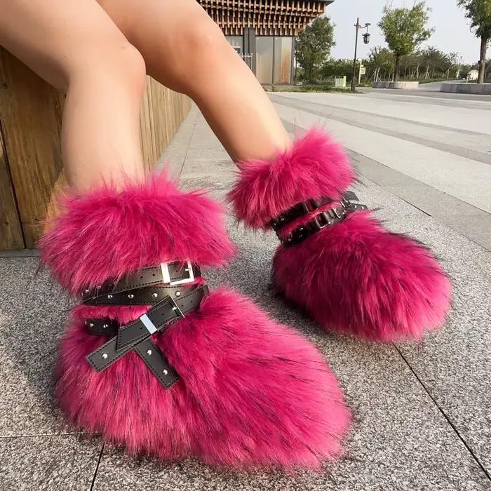 Femmes fausse fourrure bottes hiver flou bottes de neige plat extérieur chaud chaussures de mode moe