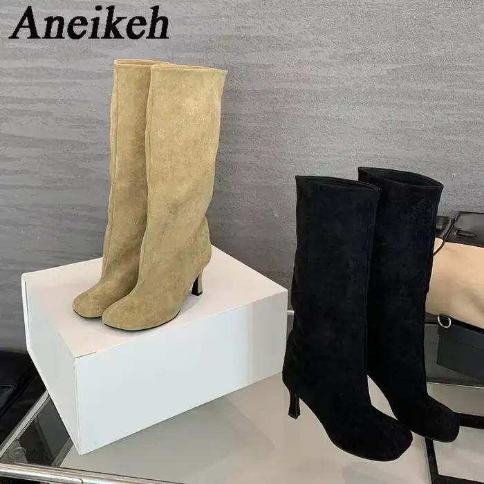 Aneikeh mode bout carré moto genou haut bas talons fins bottes femmes automne hiver femme chaussons