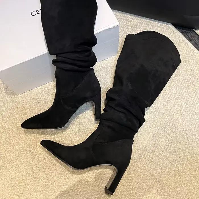 Bottes hautes plissées de couleur caramel noir pour filles, paresseux, filles épicées, talons hauts,