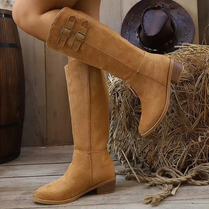 Bottes hautes en faux daim marron pour femme, collection automne 2026, à bout pointu et talon carré,