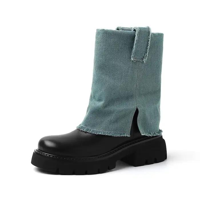Ods Smile Star-Bottes Rondes en Cuir de Vache pour Femme, Chaussures d'Hiver Modernes en Denim, Plat