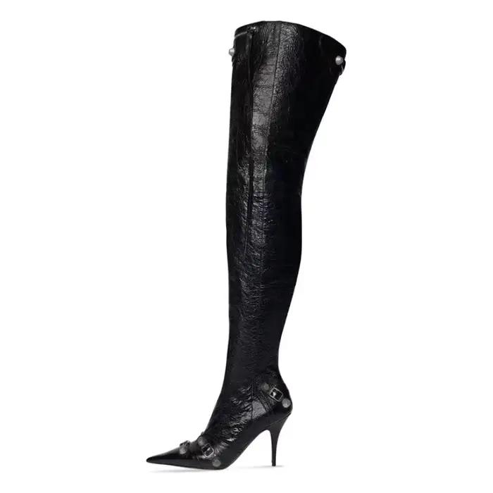Bottes noires au-dessus du genou avec rivets pour femmes, talons hauts, coupe couvertes sexy, bottes
