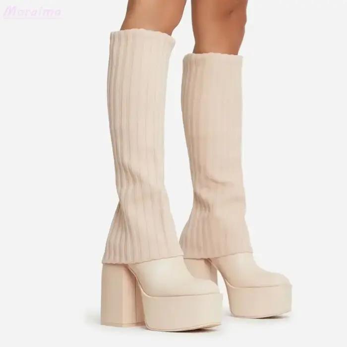 Bottes hautes à plateforme en tricot superposé, en cuir, à talon bloc épais, bout pointu, blanches,