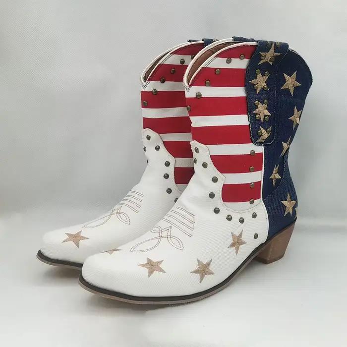 Botte occidentale de beauté américaine pour femmes, étoiles américaines, barres, drapeau, Cowboy Car