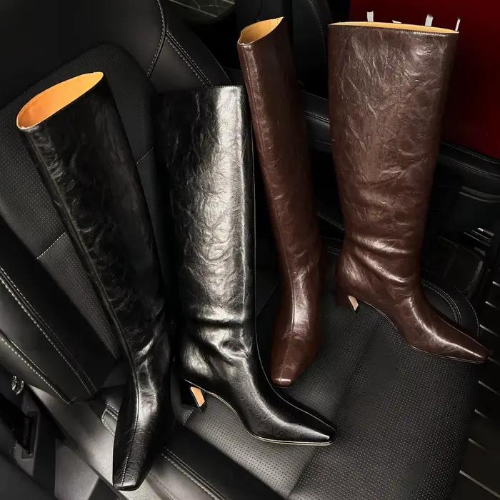 Bottes de chevalier en cuir véritable pour femmes, talon haut fin de 5.5cm, bout carré, hauteur du g