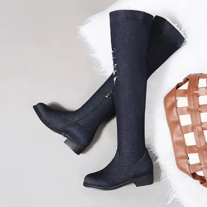 Bottes au-dessus du genou à talon carré bas 2026, nouveau design en tissu denim, plusieurs tailles 3