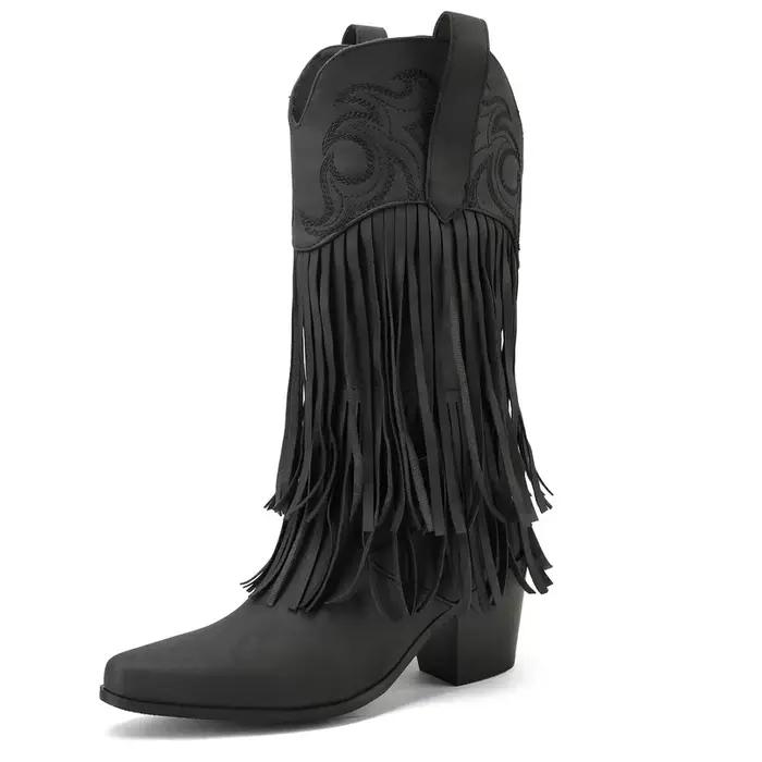 Bottes de Cowboy occidentales à bout pointu blanc brodé avec glands, talons hauts épais, chaussures