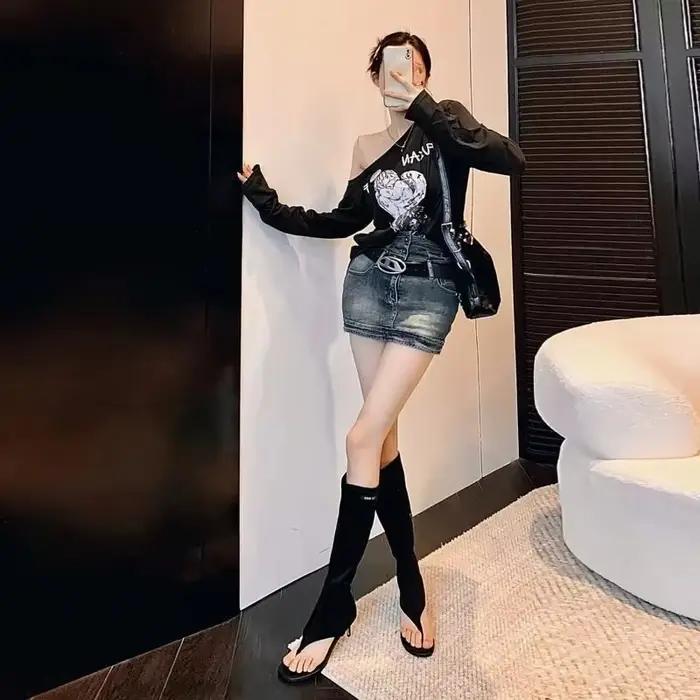 2025 noir bout ouvert bottes au genou à clipser chaussons modernes pour femmes mince talon bas ferme