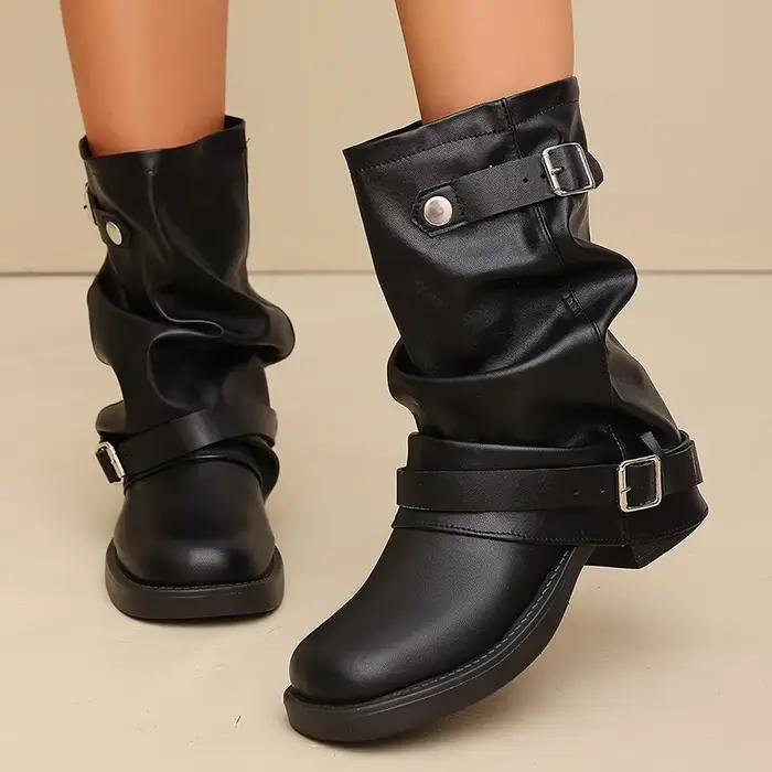 Bottines Western marron en cuir PU pour femme, style vintage, à talon carré, avec plusieurs boucles,