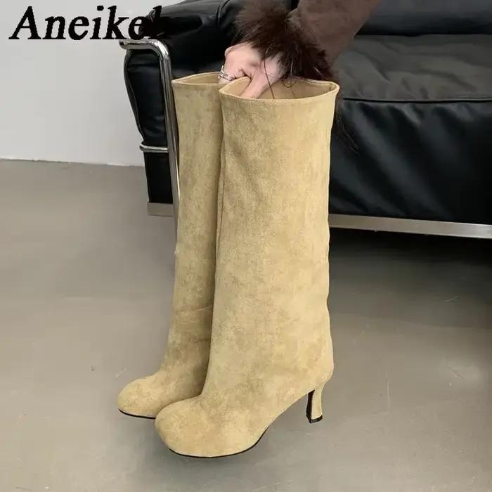 Aneikeh mode bout carré moto genou haut bas talons fins bottes femmes automne hiver femme chaussons