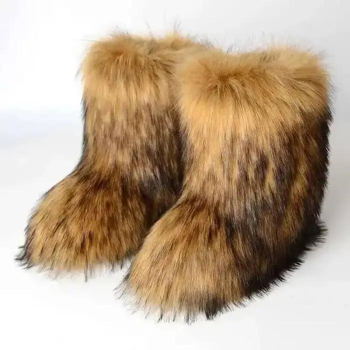 Femmes fausse fourrure bottes hiver moelleux en peluche chaud mi-mollet bottes de neige de luxe mode