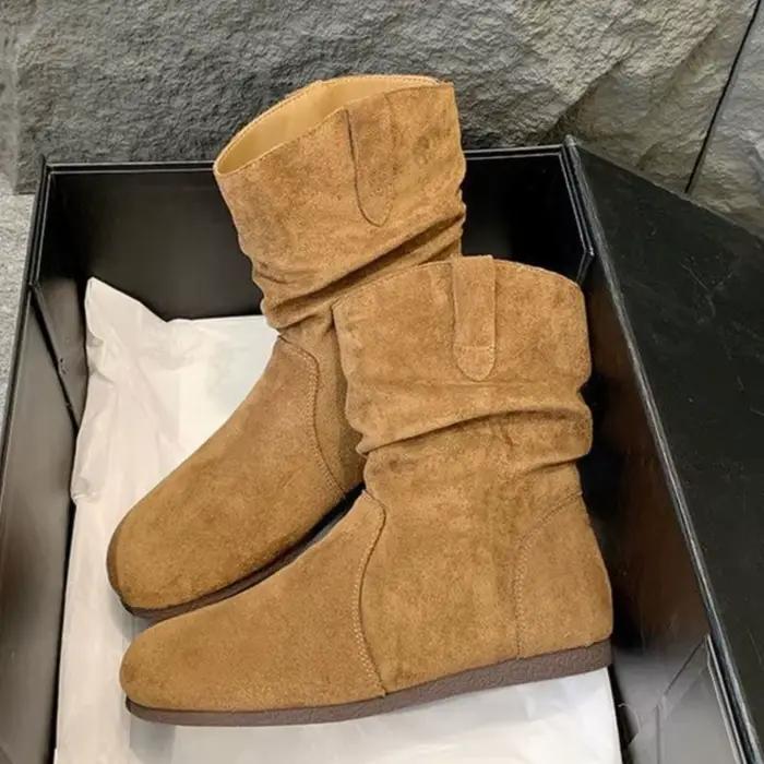 Crestar daim bottes décontractées pour femmes 2025 mode bottines nouveau court sans lacet chaussures plates rétro polyvalent fond souple dame botte