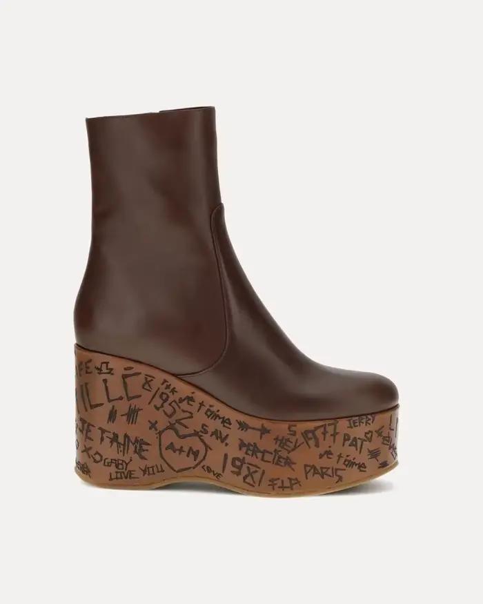 Bottines à plateforme en cuir pour femmes, style rétro punk, à la mode, avec semelle en bois imprimée, bout rond, fermeture éclair latérale, bottes courtes