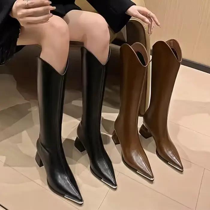 Femmes fourrure bottes hautes Sexy bout pointu talons hauts chaussures Zip