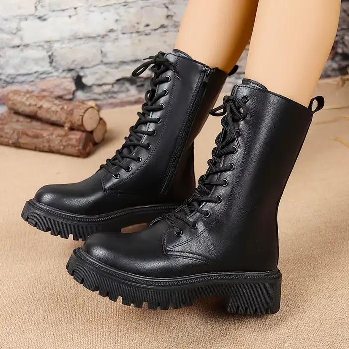 Style britannique noir mi-mollet bottes pour femmes en cuir Pu talons épais moto Botas Mujer automne hiver à lacets