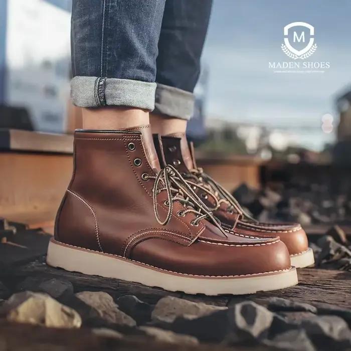 Maden Vintage marron haut fendu en cuir moto bottes hommes travail automne et hiver à lacets bout rond