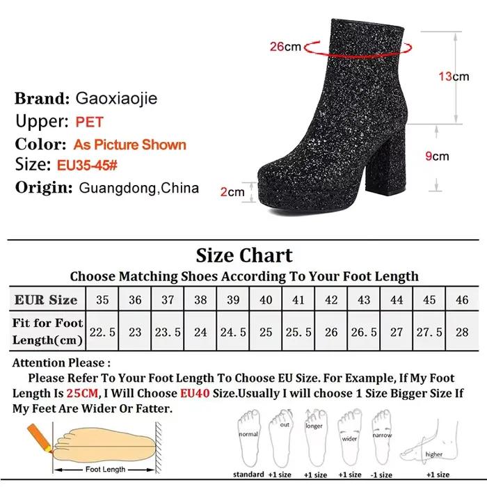 Bottines noires à paillettes pour femmes, talons bloc de 9cm, bottes courtes avec fermeture éclair latérale, chaussures de fête, taille 45, automne et hiver