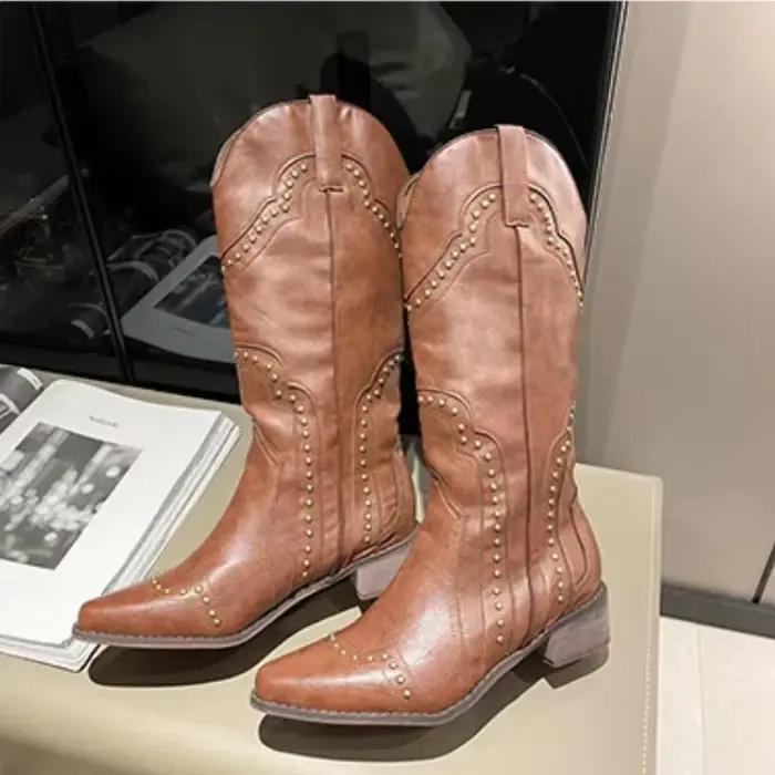 Bottes de Cowboy rétro à rivets mi-mollet pour femmes