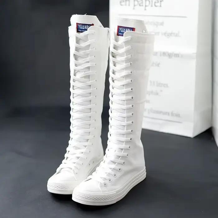 Toile bottes longues pour femmes haut femmes chaussures en toile à lacets genou bottes hautes chaussures plates décontracté vulcanisé chaussures baskets filles