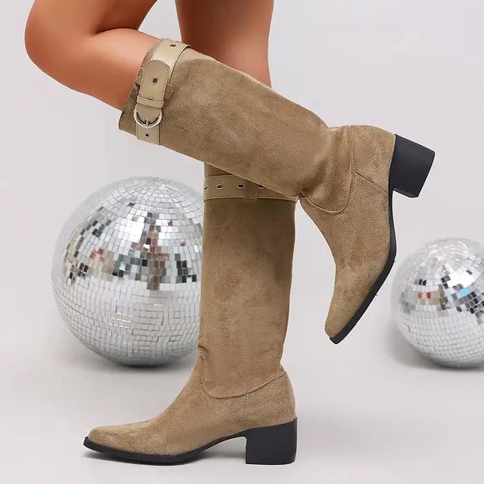 Bottes hautes en faux daim kaki pour femme, style western, à talon bloc, bout pointu, avec ceinture à boucle, pour l'automne