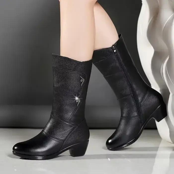 Bottes moyennes d'hiver pour femmes, Style coréen, talons bas, couleur unie, polaire, chaudes, grande taille, bottes antidérapantes pour l'extérieur