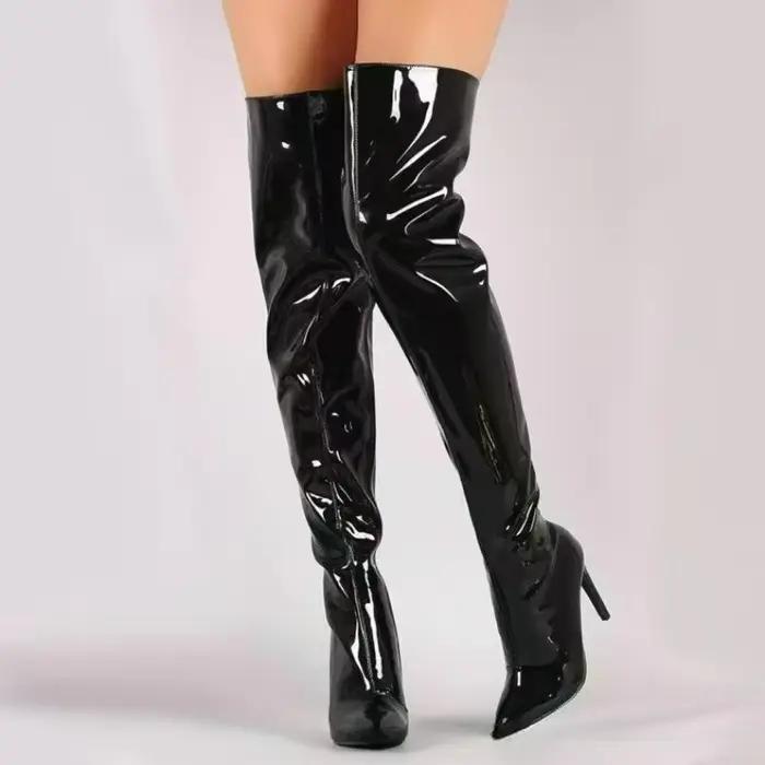 Bottes pour femmes, bottes au-dessus du genou effet miroir, bottes punk à bout pointu et talon aiguille, chaussures de soirée décontractées argentées à fermeture éclair, talons hauts sexy à plateforme