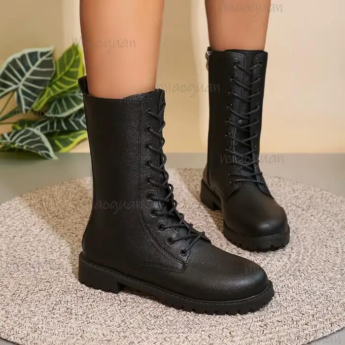 Bottes mi-mollet en cuir Pu à lacets pour femmes