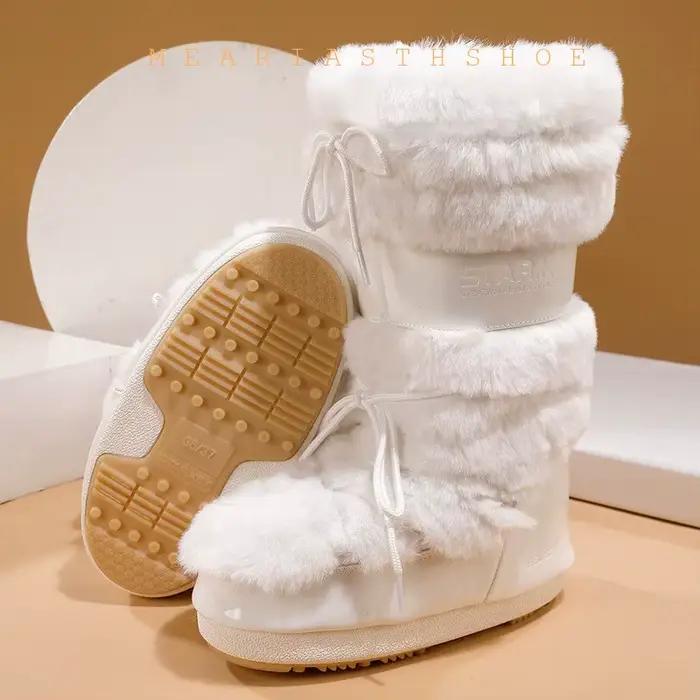 Bottes de ski neuves 2026, hiver, longues, chaudes, à semelle épaisse, en fausse fourrure blanche, imperméables et antidérapantes, bottes de neige à tige haute pour femmes