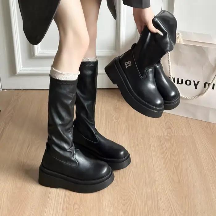 Bottes d'automne et d'hiver pour femmes, deux Styles: bottines Super extensibles, hauteur des genoux, jambes fines et plateforme gothique, hauteur Boost