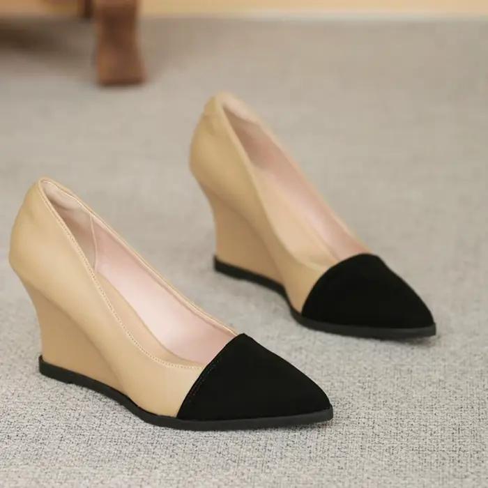 Chaussures de femme en cuir bout pointu talon haut compensé pour robes et occasions spéciales printemps automne
