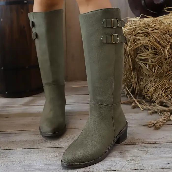 Bottes hautes en faux daim marron pour femme, collection automne 2026, à bout pointu et talon carré, style western, grandes tailles 43, bottes longues de cow-boy