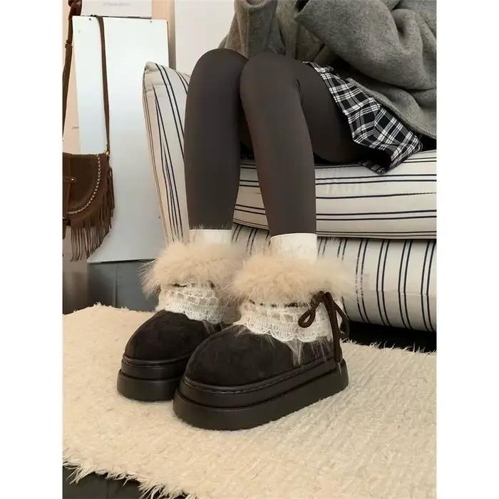 Bottes courtes d'hiver à semelle épaisse en fourrure, bottes de neige Faer Island, doublées de polaire, chaussures en coton rehaussantes pour femme, pour l'extérieur