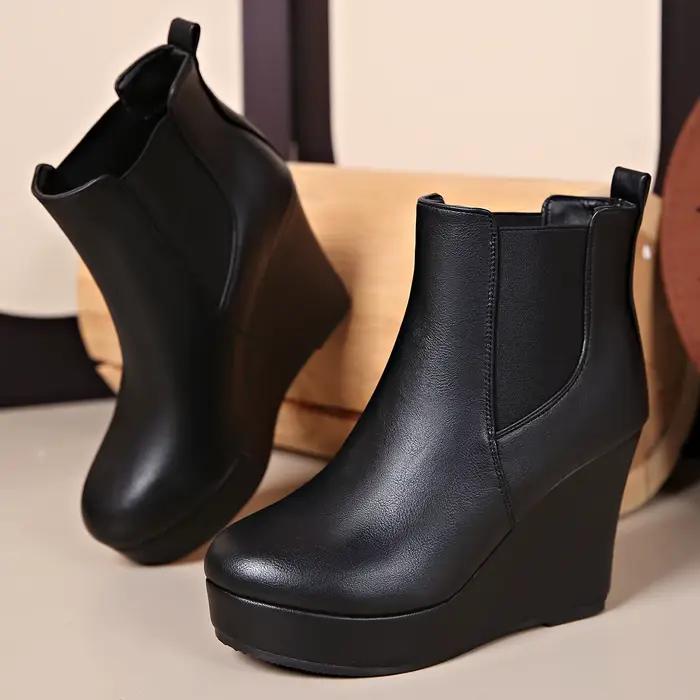 Bottines Chelsea à talon compensé pour femmes, bottines courtes décontractées en simili cuir de couleur unie avec côtés élastiques, à enfiler, pour le printemps et l'automne