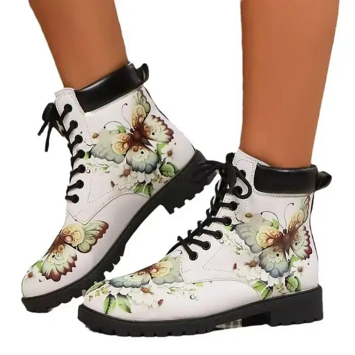 Bottes à lacets pour femmes avec talons carrés bas, bout rond rétro, motif floral, chaussures de neige pour l'hiver, bottes faites à la main pour les occasions spéciales