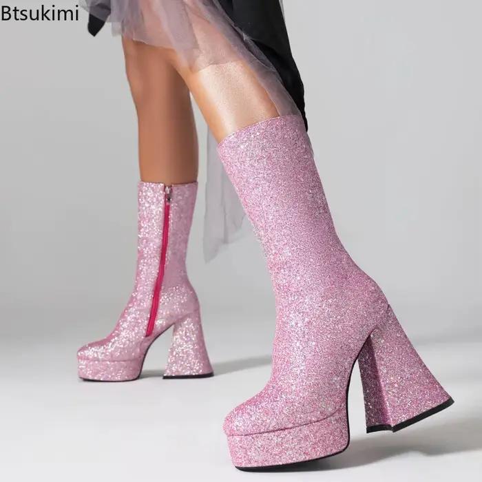 Bottines à plateforme dorées scintillantes à talon épais et bout carré pour femme