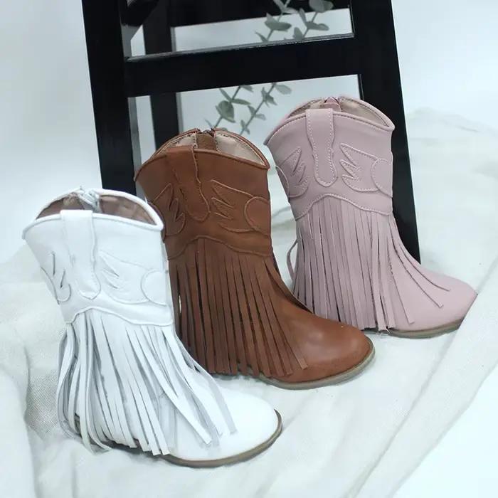 Bottes mi-mollet vintage style western pour filles, bébés, tout-petits et jeunes enfants, souples, à franges hautes, avec fermeture éclair latérale, mode automne-hiver
