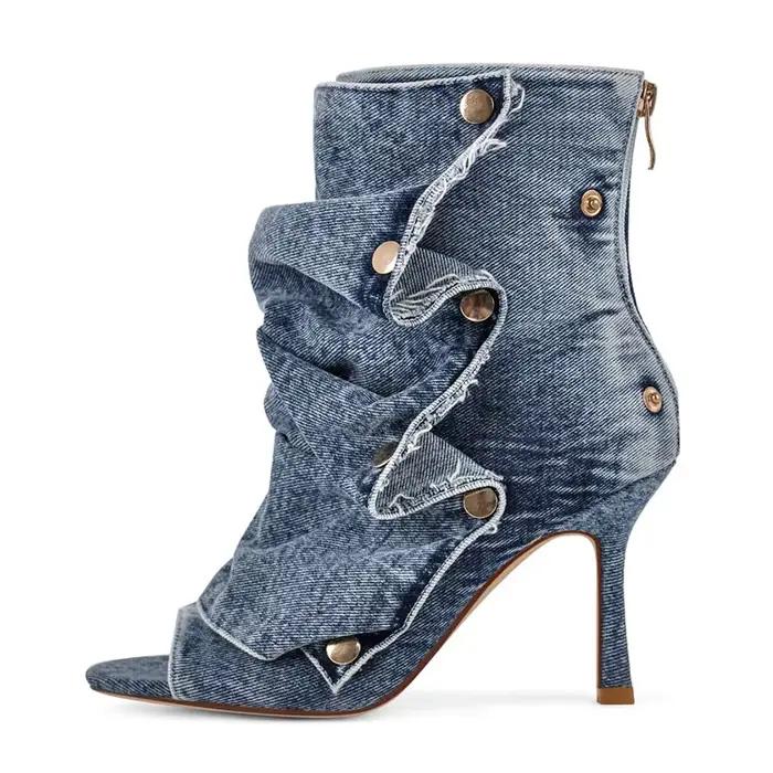 Bottes à talons hauts bout ouvert plissées pour femmes printemps automne occassions spéciales