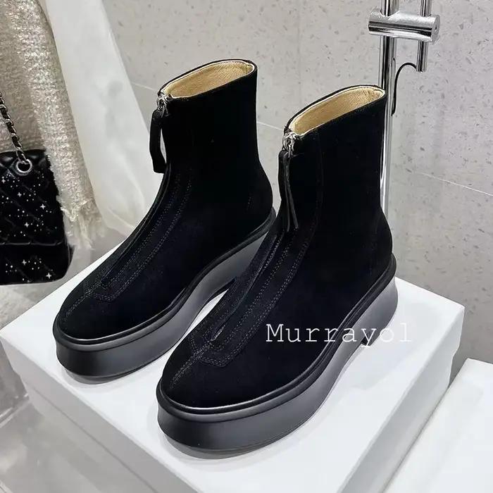 Cuir véritable plat semelle épaisse bottes courtes femmes bout rond sans lacet Botas Para Mujer plate-forme chaussures