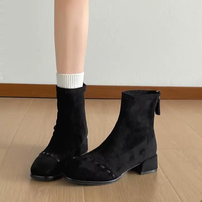 Bottines à talons épais pour femme, doublées de polaire, à bout carré, élégantes, pour soirée, courtes, pour l'automne et l'hiver