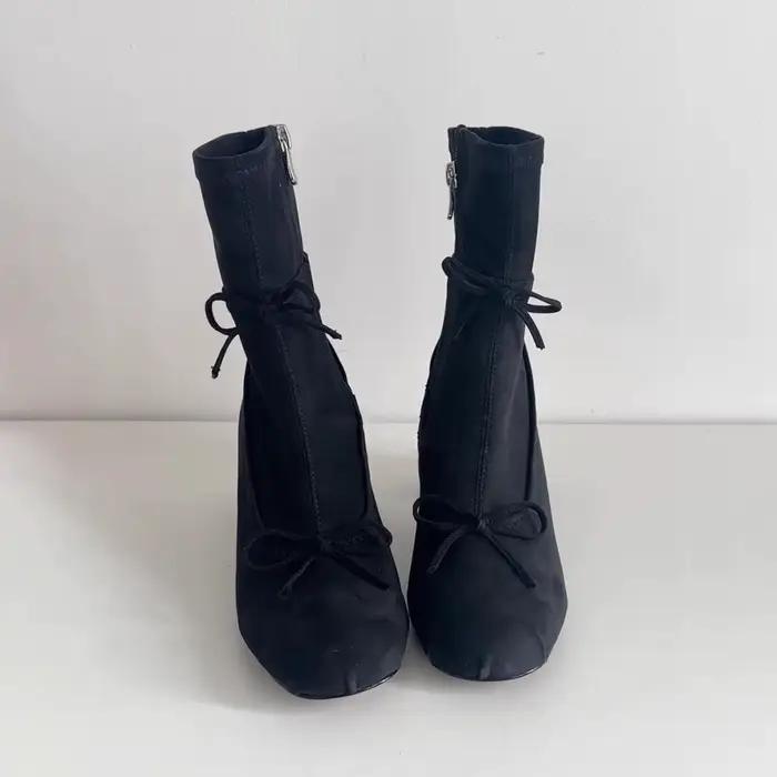 Bottines en velours pour femmes, style ballerine, avec nœud papillon, talon épais, fermeture éclair latérale, bout rond rétro, mi-mollet, nouvelle collection 2025