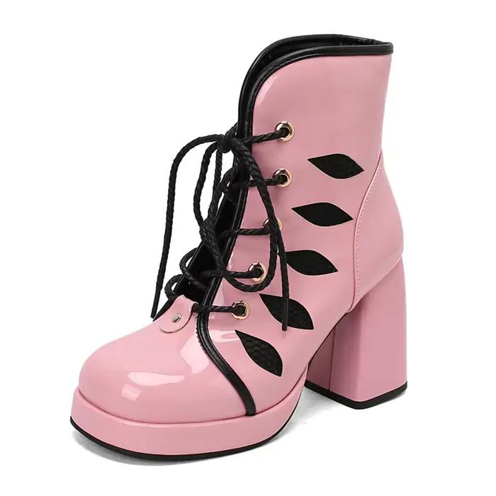 Femmes bout rond talon carré bottes courtes printemps et automne à lacets imperméable robe de Table fête confortable décontracté vêtements de travail 288-3