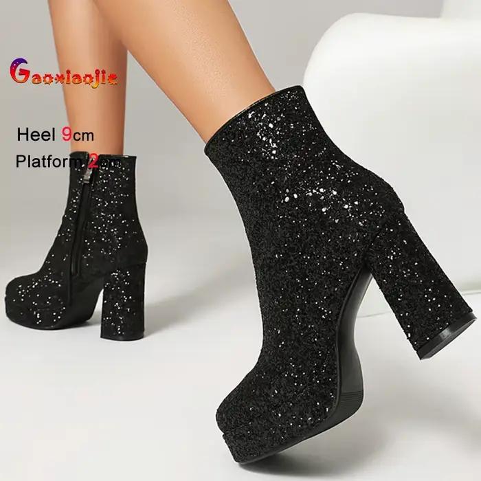 Bottines noires à paillettes pour femmes, talons bloc de 9cm, bottes courtes avec fermeture éclair latérale, chaussures de fête, taille 45, automne et hiver