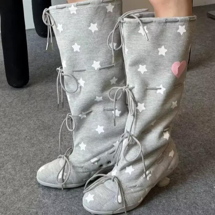 Nouvelles Bottes Mi-Hautes Décontractées à Pois pour Femme 2026 – Design Rétro Imprimé Tendance avec Nœud Décoratif et Talon Confortable