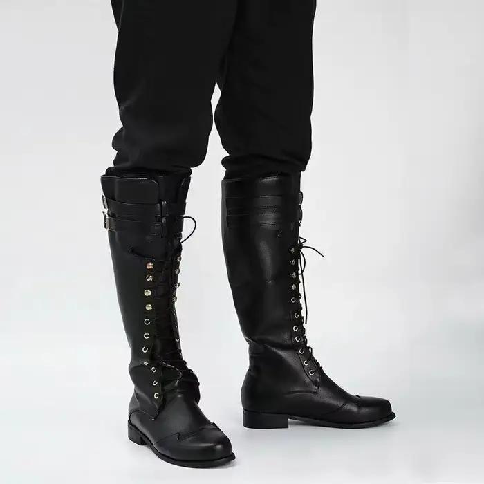 Bottes pour hommes, lacets, bottes longues, rétro, médiévales, bottes de chevalier d'extérieur, punk, bottes pour hommes au-dessus du genou, grande taille, chaussures en cuir PU, Botas