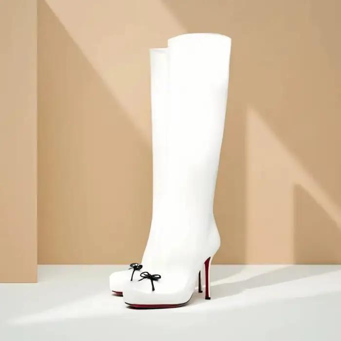 Bottes pour femmes de style européen et américain, élégantes, mi-mollet, avec mini nœud décoratif, talons hauts, chaussures de soirée tendance