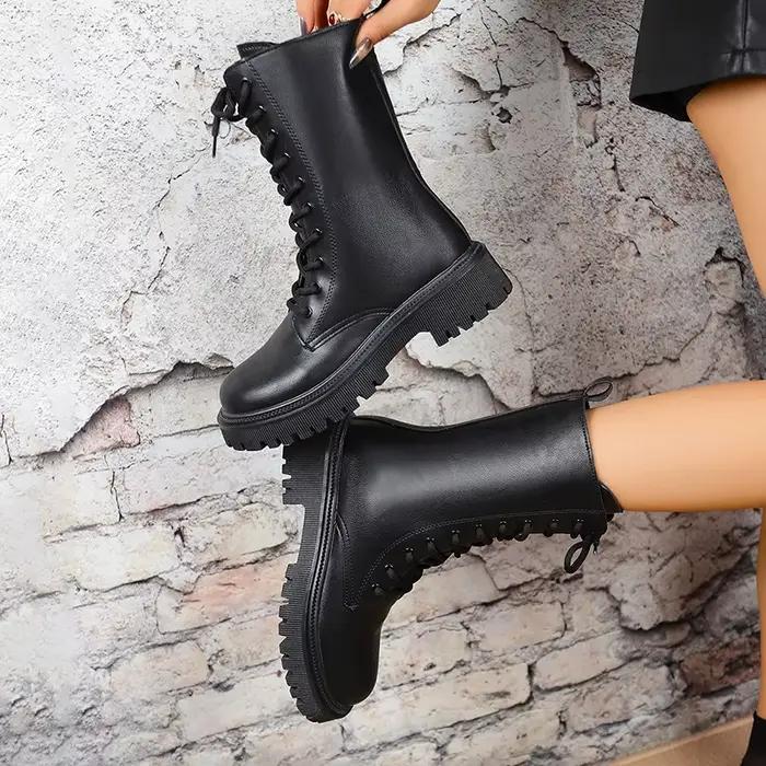Style britannique noir mi-mollet bottes pour femmes en cuir Pu talons épais moto Botas Mujer automne hiver à lacets