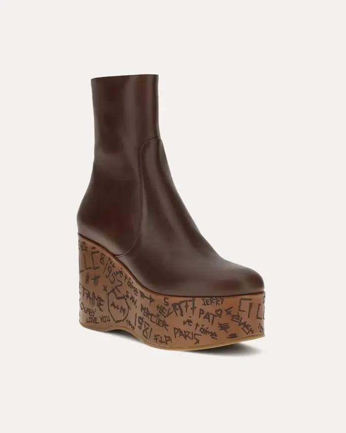 Bottines à plateforme en cuir pour femmes, style rétro punk, à la mode, avec semelle en bois imprimée, bout rond, fermeture éclair latérale, bottes courtes